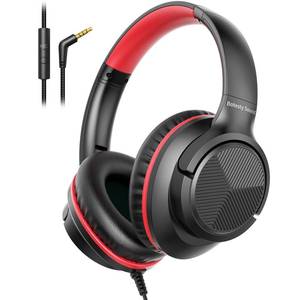 lot 32044 image: Botesty Sound Headphones Wired with Microphone, Over Ear Foldable 3.5mm Plug in Headphones Corded with 4.9ft Tangle-Free Nylon Cord for Tablet, Laptop, MP34, School, Airplane Travel (Black Red) - Retail $20