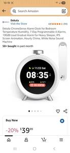 lot 32047 image: Dekala ChronoSense Alarm Clock for Bedroom Temperature Humidity, 7-Day Programmable 4 Alarms, 100dB Loud Gradual Alarm for Heavy Sleeper, IPS Screen Animation, Hourly Chime, White Noise Sound Machine - Retail $50