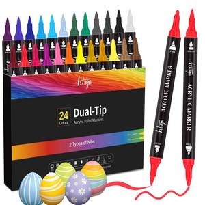 lot 32057 image: Artugn 24 Colors Acrylic Paint Pens, Dual Tip Pens With Fine Tip and Brush Tip for Rock Painting, Ceramic, Wood, Plastic, Calligraphy, Scrapbooking, Card Making, DIY Crafts-Easter Basket Stuffers - Retail $8