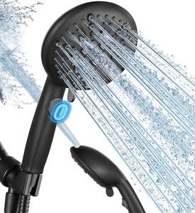 lot 32061 image: Cobbe High Pressure Shower Head with Built-in Pause Button, 9-Function Detachable Showerhead with Handheld Brass Swivel Bracket & Stainless Steel Hose, Water Saving 1-Click Stop, Black - Retail $18