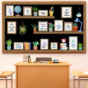 lot 32066 image: Bookshelf Bulletin Board Set for Classroom Decor - Back to School Plant Theme Library Inspirational Reading Poster Cutouts for School Library Office Chalkboard Wall Door Decor - Retail $12