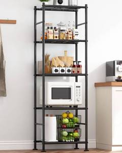 lot 43659 image: Sakugi Storage Shelves - 5 Tier Shelf Organizer, Heavy Duty Garage Shelving Unit with Leveling Feet, Stable Metal Shelves Organizer for Pantry, Kitchen and Closet, 18.4 W x 12.6 D x 57.4 H, Black - Retail $57