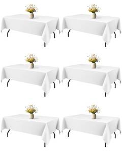 lot 43668 image: Niuara White Rectangle Table Cloth - 6 Pack, 60 x 84 Washable Polyester Tablecloth for 5FT Tables, Wrinkle-Resistant Table Cover for Weddings & Parties - Retail $25