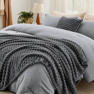 lot 43670 image: Bedsure Queen Comforter Set 5 Pieces - Bed in a Bag with Fleece Throw Blanket and Decorative Pillow, Lightweight Bedding Comforter Sets, All Season Bedding, Dark Grey - Retail $60