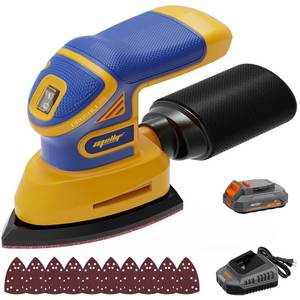 lot 43693 image: Mayoki Cordless Detail Sander Compatible with Dewalt 20v Max Battery, 1.9Amp, Dust Collector, Brushless 12,000 OPM Speed, Compact Soft Palm Grip, 10pcs Sanding Pads, 2.0Ah Charger & Battery Kit