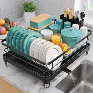 lot 43694 image: Sakugi Stainless Steel Dish Drying Rack for Kitchen Counter, Sink Organization and Storage Essentials with Silverware & Utensil Holder, Home and Apartment Decor, 12.5W x 16.5L, Black - Retail $30