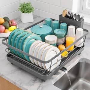 lot 43697 image: Sakugi Stainless Steel Dish Drying Rack for Kitchen Counter, Sink Organization and Storage Essentials with Silverware & Utensil Holder, Home and Apartment Decor, 12W x 15.6L, Gray - Retail $27