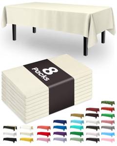 lot 43706 image: Pureegg Plastic Table Cloth Disposable 8 Pack, 54 x 108 Inch Table Cloths, Party, Wedding, Thanksgiving Decorations, Fall Tablecloths, Rectangle, Beige Plastic Cover, Leakproof & Sturdy, Cream, Ivory - Retail $20
