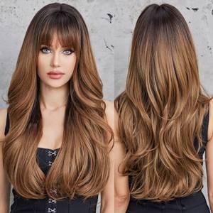 lot 43707 image: HAIRCUBE Ombre Brown Wigs with Bangs Synthetic Womens Wig Long Wavy Layered Heat-Resistant Wig for Daily Use Natural and comfortable - Retail $26