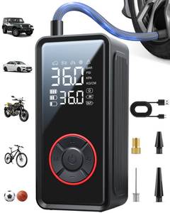lot 43709 image: Powools Tire Inflator Portable Air Compressor - 3X Faster Inflation Air Pump with LED Light, Auto Shut-Off Tire Pump with 4 Nozzles for Car, Motorcycle, Bicycle, Ball, Black, 5.9 x 2.8 x 2.0 - Retail $35
