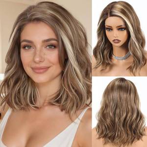 lot 43710 image: HAIRCUBE Synthetic T Lace Front Wig,Side-Parted Glueless Lace Wigs for Women, 16-Inch Shoulder Length Wavy Style for Daily Wear, Party & Date (Blonde balayage) - Retail $50