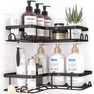 lot 43728 image: Sakugi Corner Shower Caddy - 2 Pack, Adhesive Shower Organizers, Rustproof Stainless Steel Shower Shelves with 8 Hooks, No Drilling Bathroom Organizers and Storage Racks, Space-Saving, Black, Medium - Retail $10