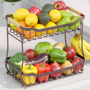 lot 43729 image: Sakugi Fruit Basket for Kitchen Counter - 2 Tier Detachable Fruit Vegetable Basket with Banana Hanger, Metal Countertop Fruit Stand with Wooden Handle, Brown, 8.5 D x 12.4 W x 12.3 H - Retail $510
