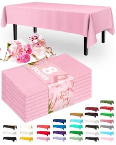 lot 43730 image: Pureegg Plastic Table Cloth Disposable 8 Pack, 54 x 108 Inch Table Cloths, Easter Party, Valentines, Mothers Day Decorations, Tablecloths, Rectangle, Pastel Plastic Cover, Leakproof & Sturdy, Pink - Retail $9