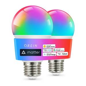 lot 43734 image: OREiN Matter Smart Light Bulb, Smart Light Bulbs Work with Apple Home, Alexa, Google Home, SmartThings, A19 Color Changing Light Bulbs 2.4Ghz WiFi, 800 Lumens Equivalent 60W 2Pack - Retail $15