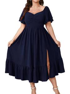 lot 43735 image: SCOMCHIC Womens Plus Size Wedding Guest Cocktail Dresses Sweetheart Neckline Short Sleeve Smocked Ruffle Slit Maxi Dress Navy Blue XXL  - Retail $36