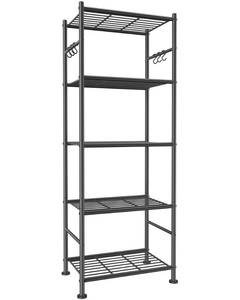 lot 43737 image: Sakugi Storage Shelves - 5-Tier Large Capacity Shelf Organizer with Hooks, Heavy-Duty Garage Shelving with Leveling Feet, Wobble-Free Rack for Bedroom, Balcony, Garage, 18.1x12.4x56.8, Black - Retail $40