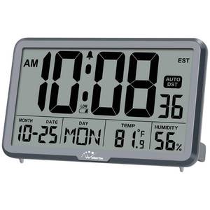 lot 43738 image: WallarGe Auto Set Digital Wall Clock Battery Operated, Desk Clocks with Temperature, Humidity and Date, Large Display Digital Calendar Alarm Clock for Elderly, Bedroom, Office, 8 Time Zone, Auto DST. - Retail $30
