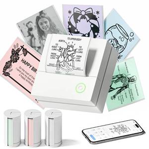 lot 43740 image: TYPONOS Sticker Printer, PM290 Mini Printer, Bluetooth Sticker Maker Machine with 3 Rolls Paper, Smart AI APP, Portable Print Pod for Study Note, List, Picture, DIY Gifts for School Office Home, White - Retail $20