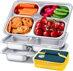 lot 43760 image: KTKUDY 3 Pack Stainless Steel Snack & Lunch Containers for Kids & Adults - with Plastic Lids & Lunch Bag - 4 Compartments Metal Bento Lunch Box - Meal Prep Containers - Toddler & Kids Plates - Retail $35