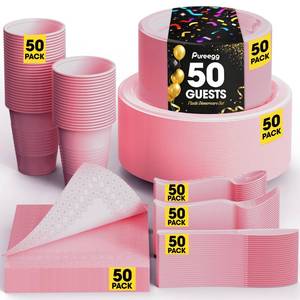 lot 43772 image: Pureegg Pink Plastic Plates Set - 350 Pcs Complete Dinnerware Sets for 50 Guests, Disposable Plates, Utensils, Cups, Napkins Included, for Valentines Day Party, Gathering, Wedding, Daily Use - Retail $40