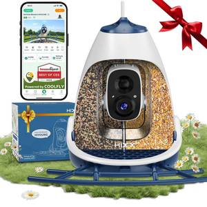 lot 43773 image: Smart Bird Feeder with Camera Solar Powered, Wireless Outdoor Smart Birdhouse with Built-in 2K HD Camera, Dual Seed Chambers & Spill Resistant, Motion Alerts & App Sharing Ideal for Bird Lovers - Retail $60