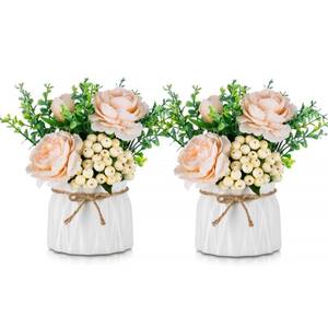lot 43774 image: BLOSMON Table Decor Artificial Flowers Vase 7 Inch Small Fake Champagne Flower Arrangement 2pcs Floral Arrangement for Tables centerpieces Kitchen Dining Room Decorations Flower in Vase Silk Roses - Retail $25