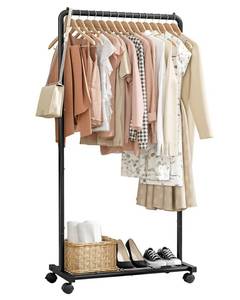 lot 43797 image: Sakugi Clothes Rack - Clothing Rack with Storage Mesh Shelf & Casters, Heavy-Duty Metal Clothing Rack for Hanging Clothes, Dresses, Coats, Large Load Capacity, Easy Assembly, Black, 28.0x16.9x59.0 - Retail $30