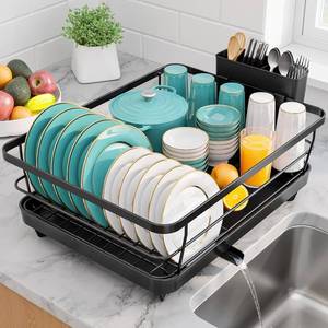 lot 43799 image: Sakugi Stainless Steel Dish Drying Rack for Kitchen Counter, Sink Organization and Storage Essentials with Silverware & Utensil Holder, Home and Apartment Decor, 12W x 15.5L, Black - Retail $17