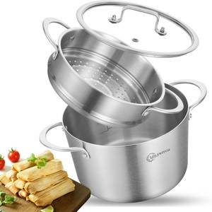 lot 43804 image: LOLYKITCH 5 Quart Stainless Steel Steamer Pot with Glass Lid, 3-Ply Steaming Pot for Cooking, 2 Tier Induction Steamer Pot for Tamales Seafood Vegetables Dumplings Stock Pot, Thick - Retail $43