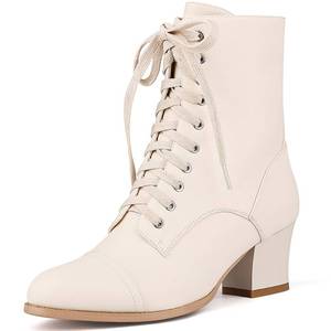 lot 43805 image: Pixoecuty Womens Victorian Ankle Boots Lace UP Boots For Women Booties Side Zipper Block Chunky Mid Heel Beige US 6 - Retail $50