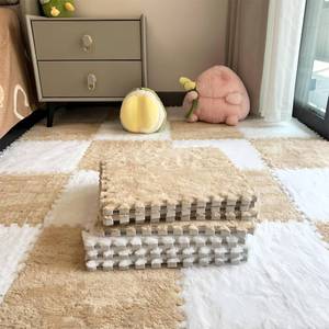 lot 43815 image: Plush Foam Floor Mat,Plush Interlocking Carpet Tiles,Anti-Slip Square Puzzle Floor Mat,EVA Foam Area Rugs for Bedroom Playroom (White  Beige) - Retail $24