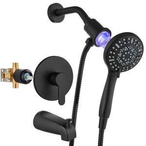 lot 62582 image: brassqueen Tub Shower Faucet Set with Magnetic 5-Function Handheld bathtub shower faucet set with Rough-in Valve Trim Kit Matte Black - Retail $88