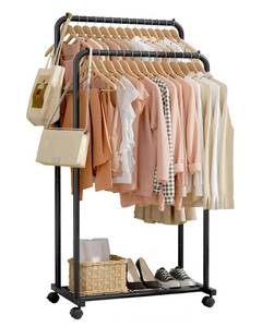 lot 62583 image: Sakugi Clothes Rack - Clothing Rack with Storage Mesh Shelf & Casters, Heavy-Duty Metal Clothing Rack for Hanging Clothes, Dresses, Coats, Large Load Capacity, Easy Assembly, Black, 28.0x16.0x59.0 - Retail $45