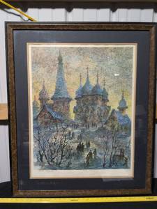 lot 79 image: Russian Blue Winter Cathedral Scene by Anatole Krasnyansky
