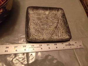 lot 168 image: Three decorative dishes one pottery bowl One metal square plate with pine cones and one pie dish