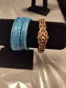 lot 195 image: Decorative Bracelet Set - Blue Beaded and Gold Pink Stone