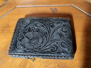 lot 232 image: Hand-Tooled Black Leather Wallet with Floral Design