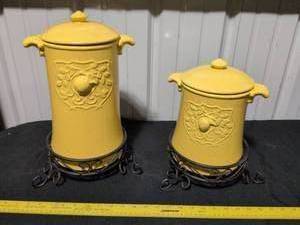 lot 19 image: Retro Yellow Ceramic Canister Set with Metal Stands