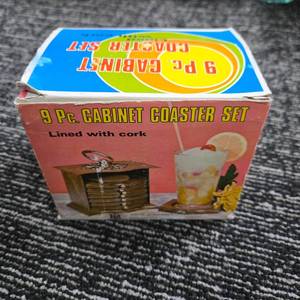 lot 346 image: 9 Piece Wooden Cabinet Coaster Set with Cork Lining