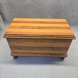 lot 375 image: Handcrafted Wooden Storage Chest with Mixed Wood Stripes