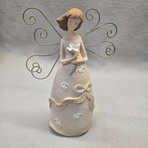 lot 382 image: Memorial Angel Figurine with Wire Wings and Lily Flowers