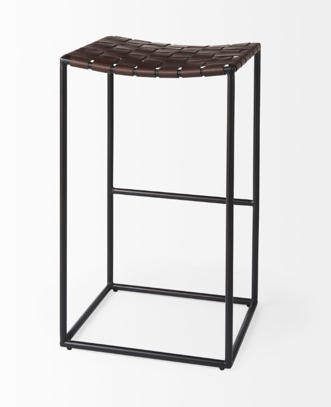 lot 5109036 image: Mercana Clarissa 18.0L x 16.0W x 30.25H Dark Brown Woven Leather Seat w Black Metal Frame Bar Stool 69395 - Retail $349