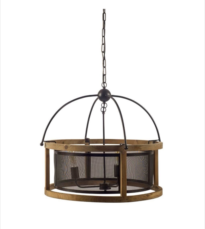 lot 5109065 image: Mercana Penhill (25X24) Black and Wooden Three Bulb Chandelier 65456, (see photos,damaged)  - Retail $689