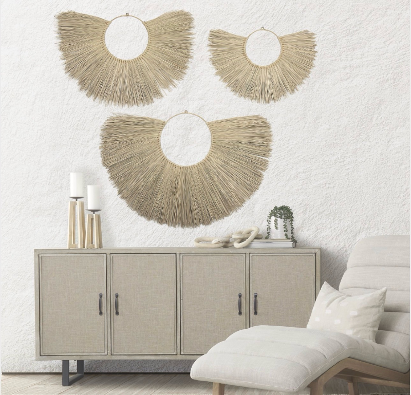 lot 5109085 image: Mercana Bayu Set of 3 Seagrass Boho Weave Fan Wall Decor 70223 - Retail $119