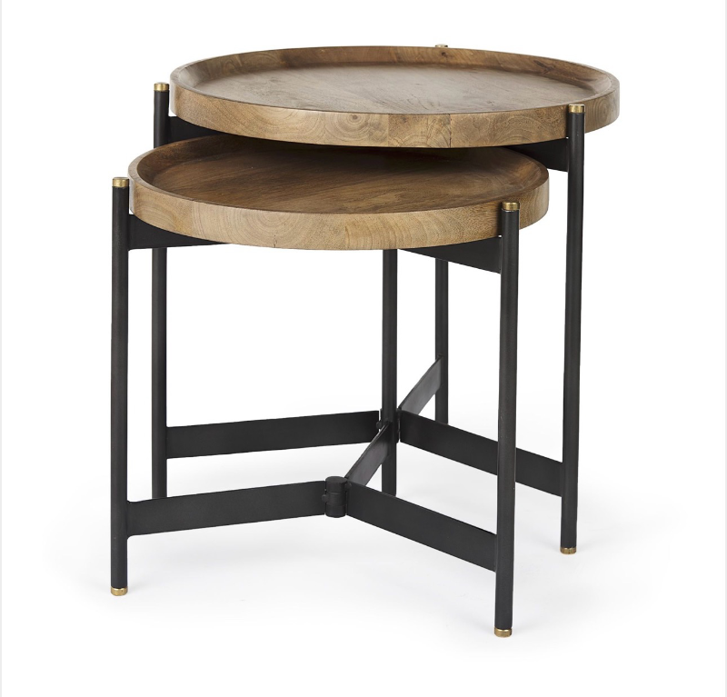 lot 5109086 image: Mercana Marquisa (Set of 2) 22.5L x 22.5W x 20.8H Light Brown Wood w Black Metal Base Nesting Side Tables 69282- Retail $749