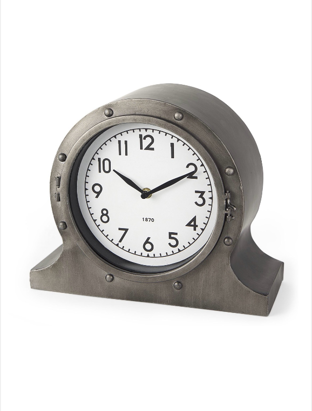 lot 5109054 image: Mercana Camden Gray Distressed Metal Porthole Table Clock 68521 10.16H x 12.01W x 5.24D - Retail $134