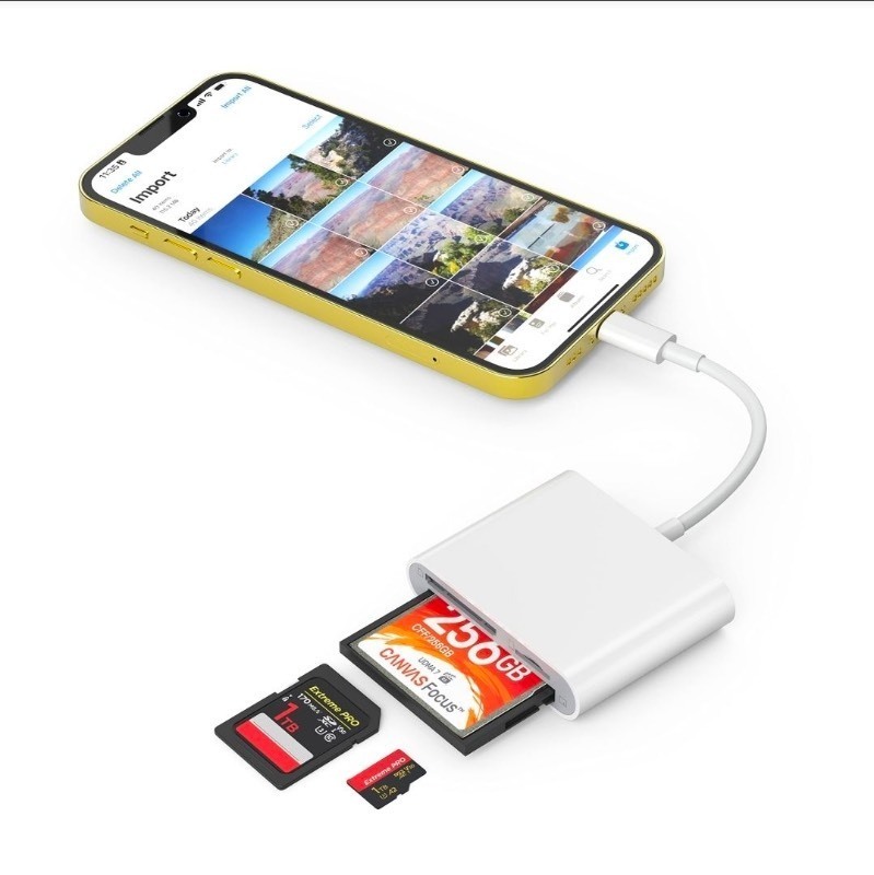 lot 5111017 image: Ozmatip CF SD Card Reader compatible with iPhone iPad, 3 in 1 Compact Flash Memory Card Reader Adapter, No App Required - Retail $11