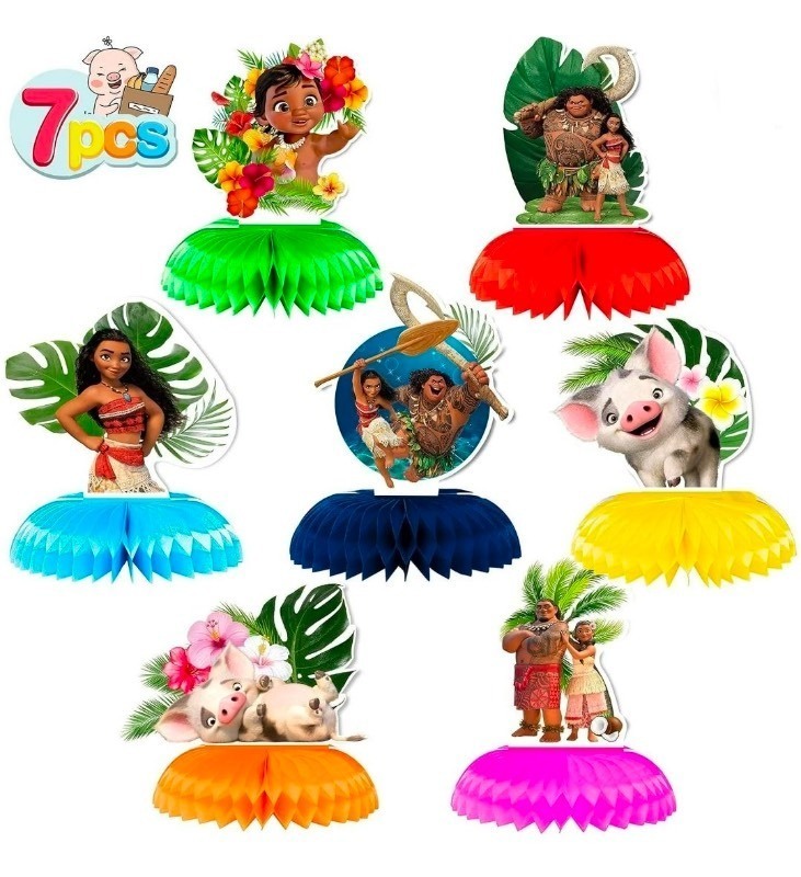 lot 5111029 image: 7pcs Moana Theme Cartoon style 3D Double Side Honeycomb Centerpieces Table Toppers, Birthday Party Decorations Supplies for kids. - Retail $13
