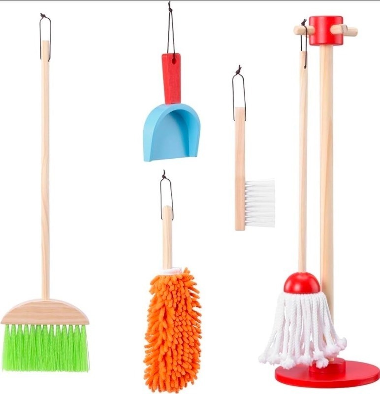 lot 5111052 image: Navaris Wooden Cleaning Toy Set - 5 Pieces with Holder - Retail $33